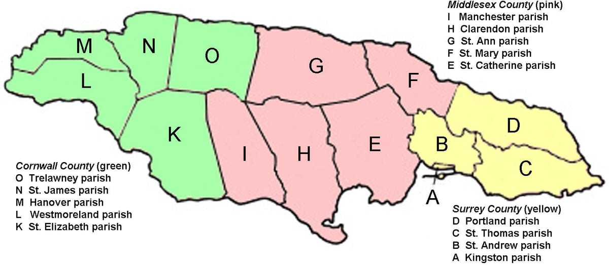 نقشہ کے جمیکا دکھا ممالک اور parishes