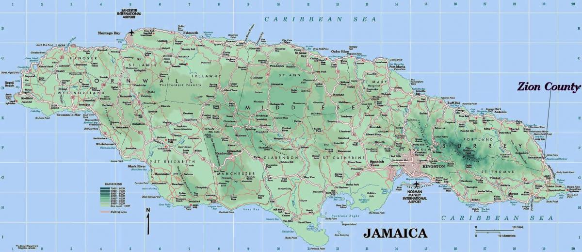 جسمانی نقشہ جمیکا کے پہاڑوں دکھا