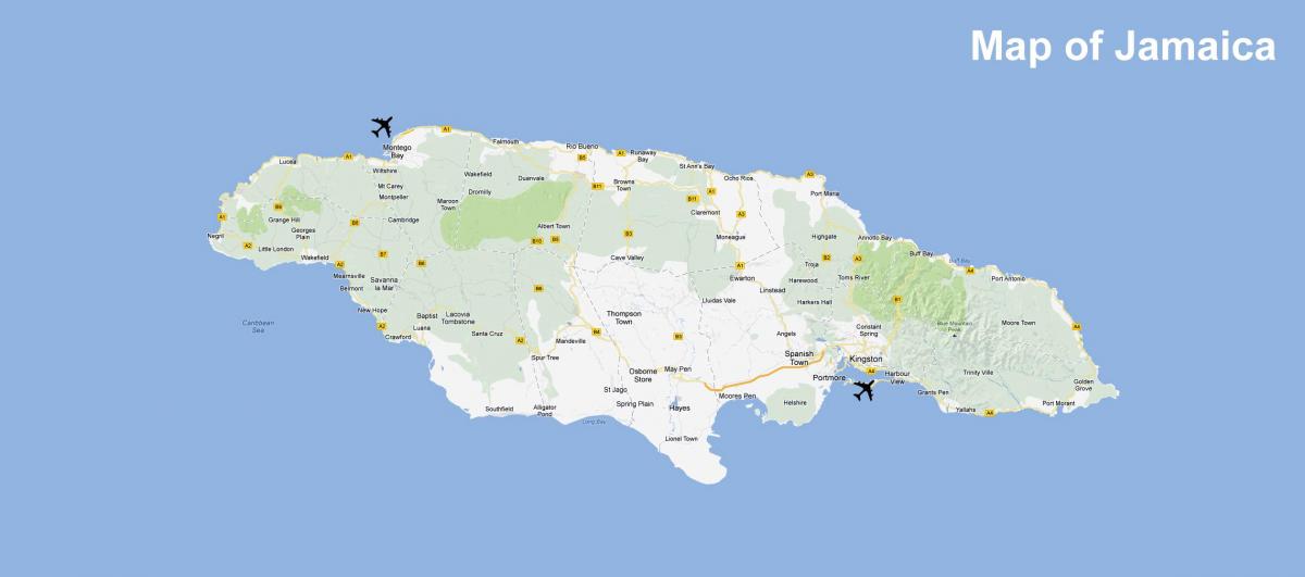 نقشہ جمیکا کے ہوائی اڈوں اور رزارٹ
